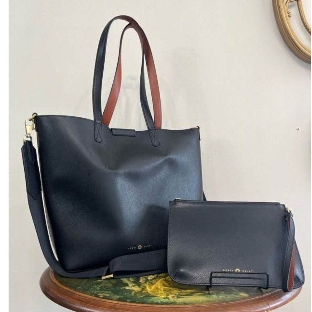 Desti Saint The‎ Saint Black Saffiano Leather Tote and Wallet Set Gold Hardware